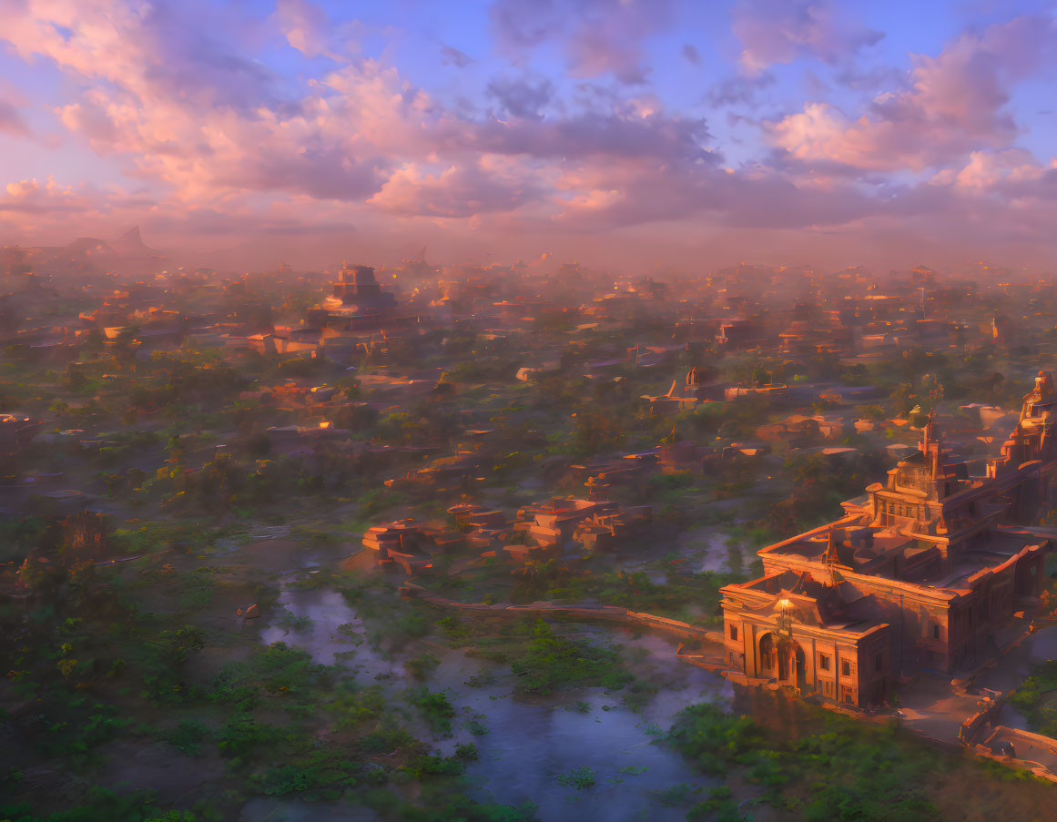 Golden-hued ancient city at sunset with temples, lush greenery, and waterways