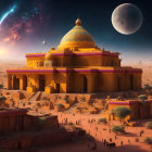 Golden-domed palace in desert at dusk with people, camels, galaxy, and large moon.