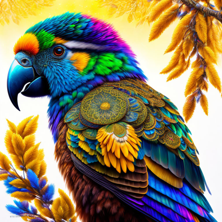 Colorful Parrot Digital Artwork with Golden Feather Patterns