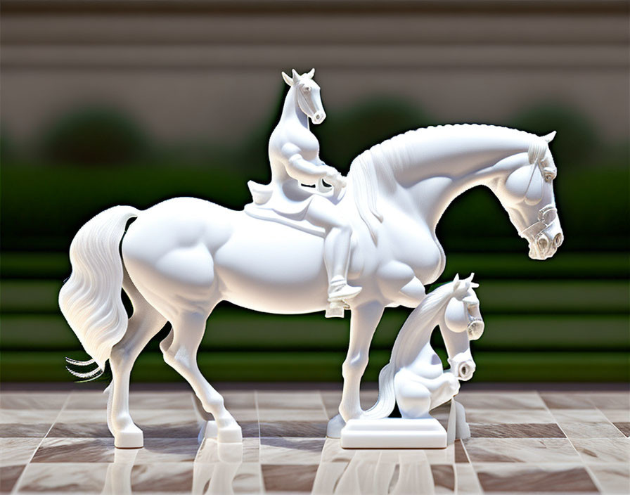 Three white porcelain horse figurines on checkered surface with blurred green background