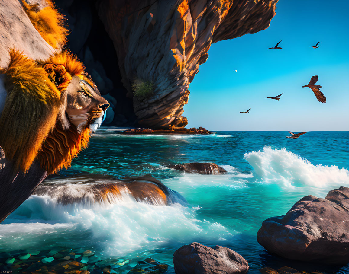 Majestic lion by rocky sea cove with crashing waves and flying birds