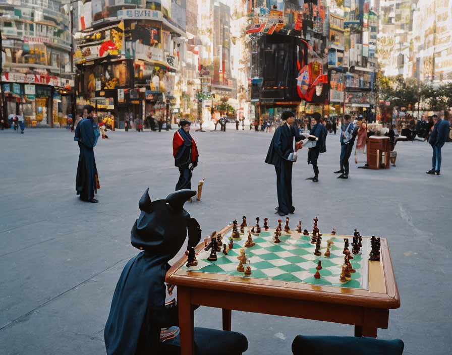 Urban square chess players with bustling shops and neon signs