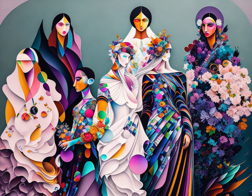 Vibrant Stylized Illustration: Five Figures in Floral Gowns on Teal Background