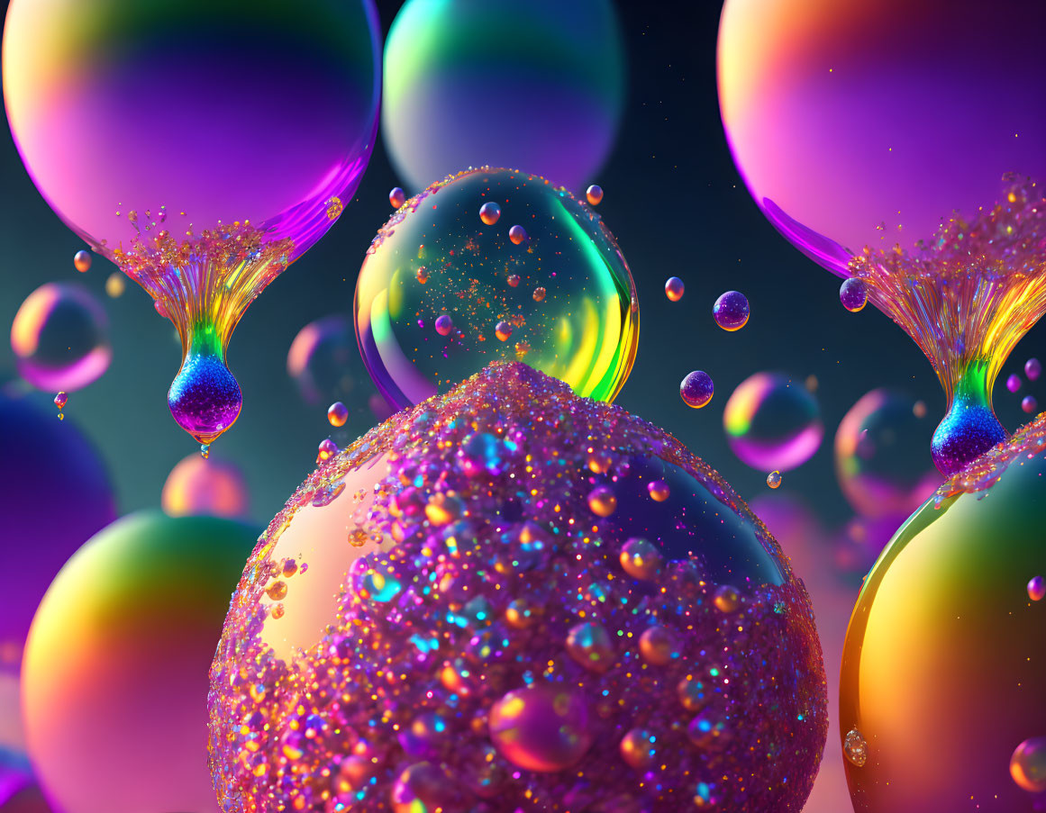 Colorful Glittering Bubbles and Droplets on Dark Background