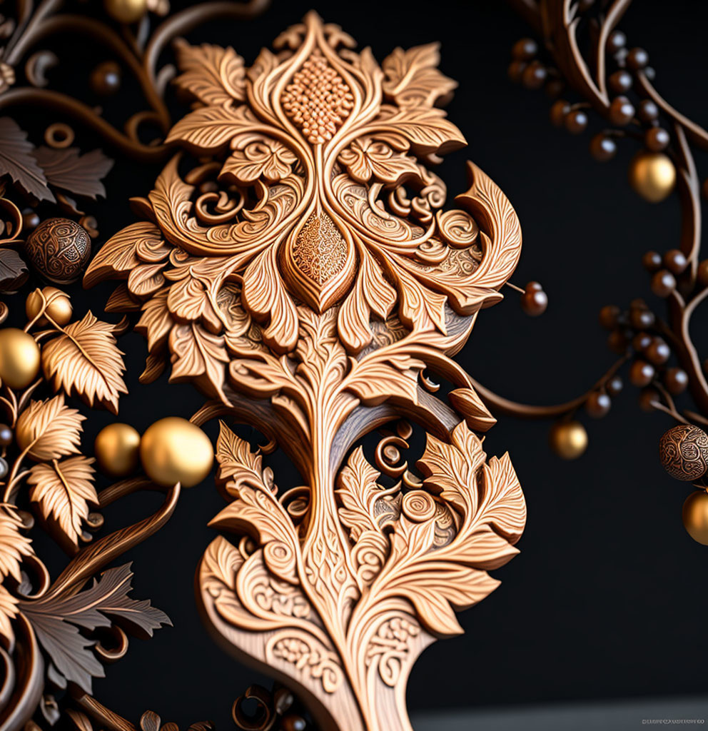 Detailed 3D ornamental tree with wooden textures and golden spheres on dark background