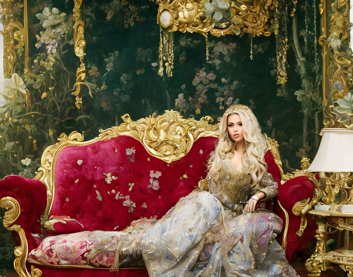 Elaborately dressed woman on red and gold sofa in luxurious room