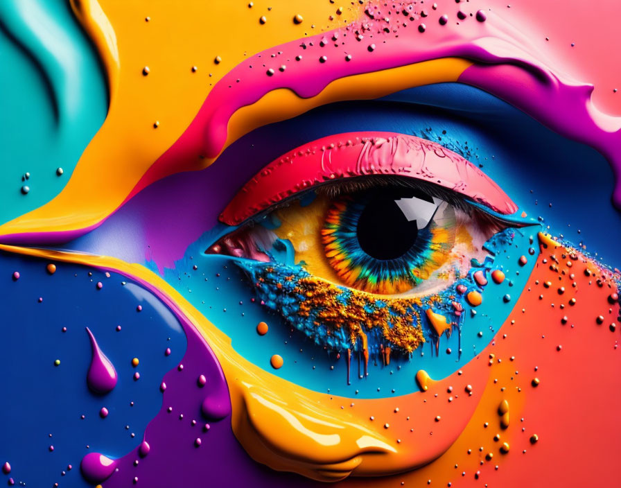 Colorful Eye Makeup Surrounded by Neon Paint and Beads