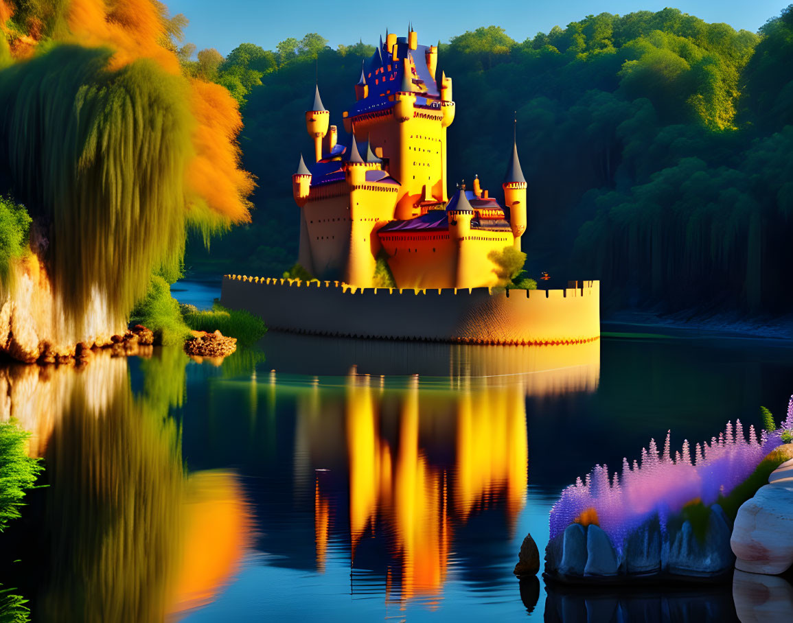 Vibrant Castle with Blue Rooftops in Lush Greenery at Sunset