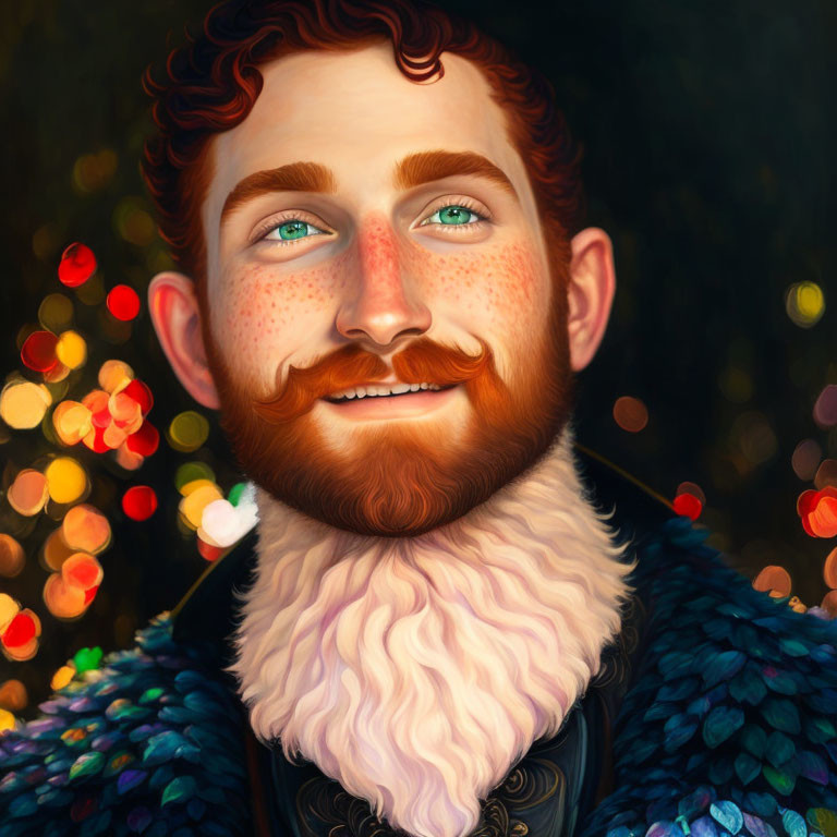 Man with Green Eyes and Red Curly Hair in Regal Outfit with Iridescent Feathers