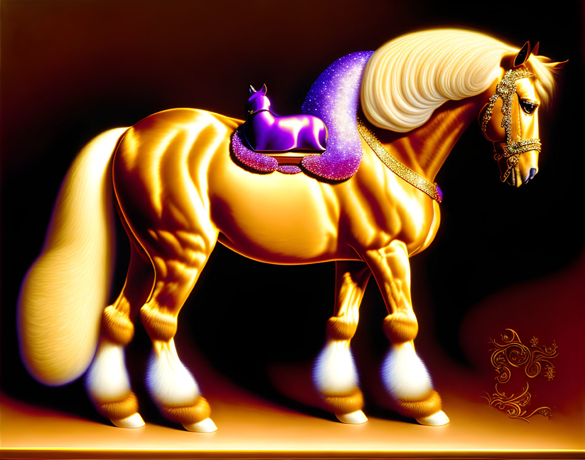 Stylized golden horse with purple saddle and intricate bridle