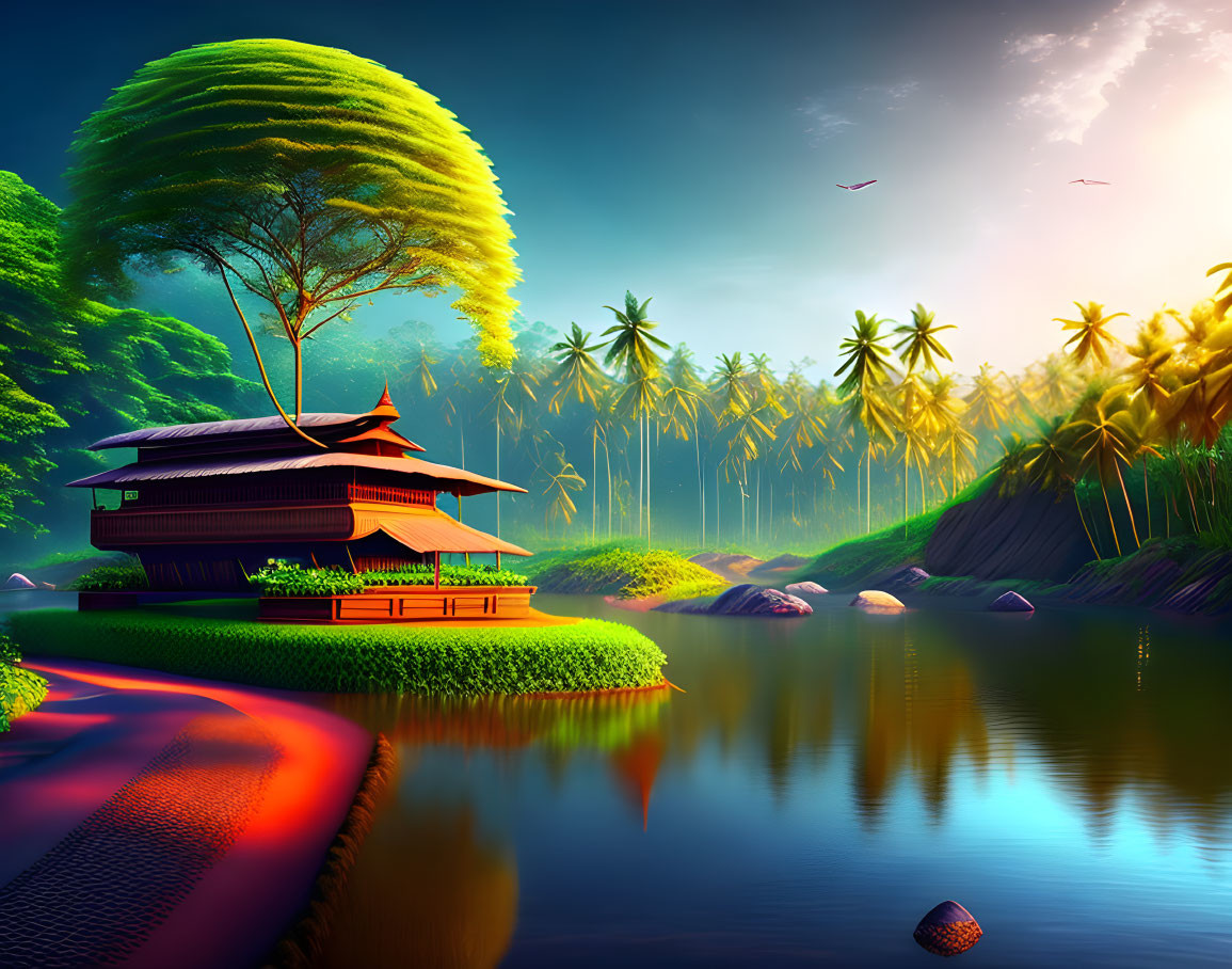 Tranquil landscape with traditional house by river, lush greenery, palm trees, vibrant sky