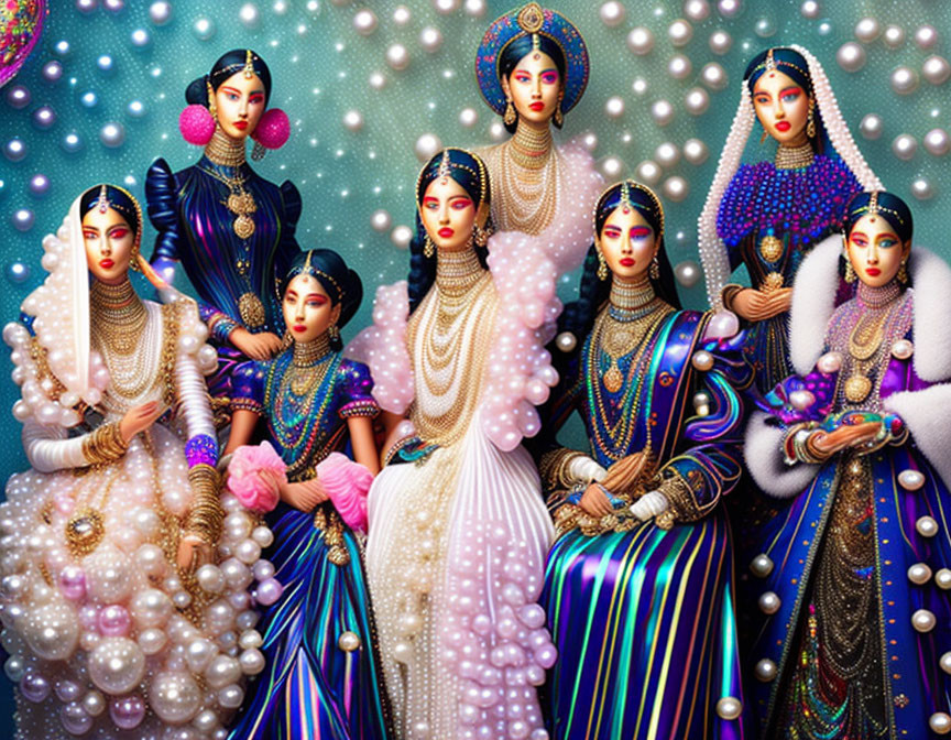 Seven Regal Women in Elaborate Traditional Attire and Jewelry