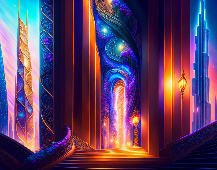 Fantastical illuminated corridor with swirling patterns and glowing archway