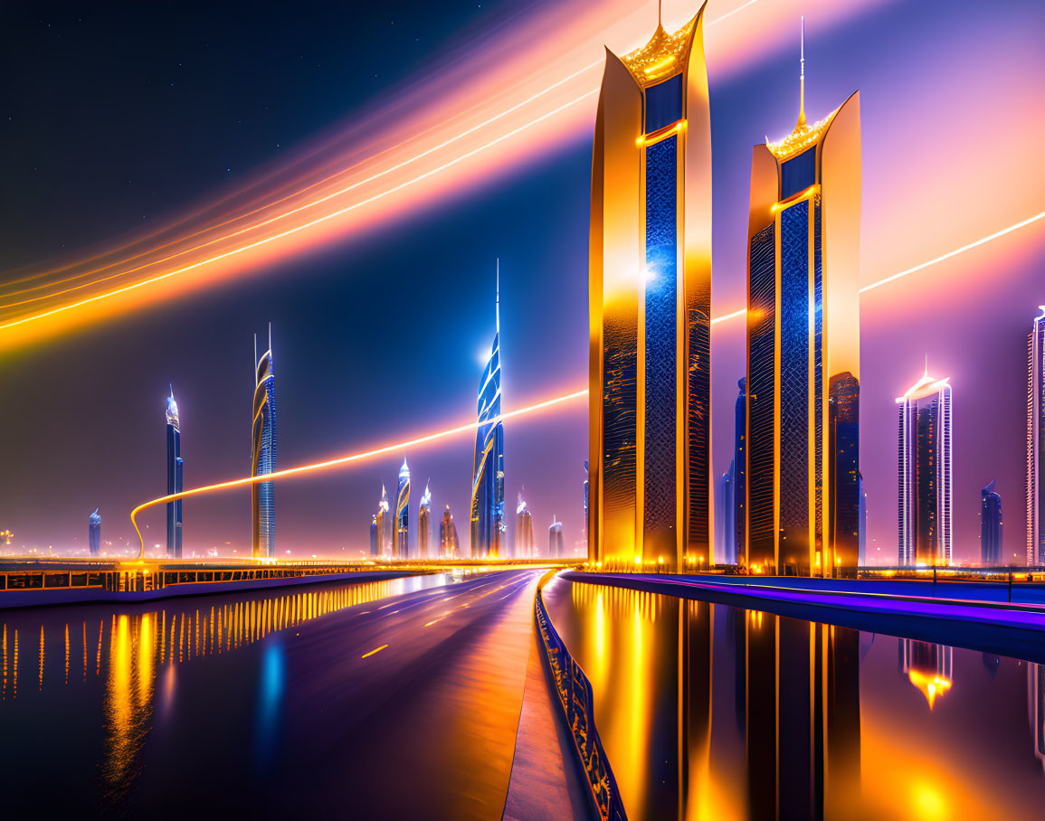 Illuminated futuristic cityscape with vibrant night lights.