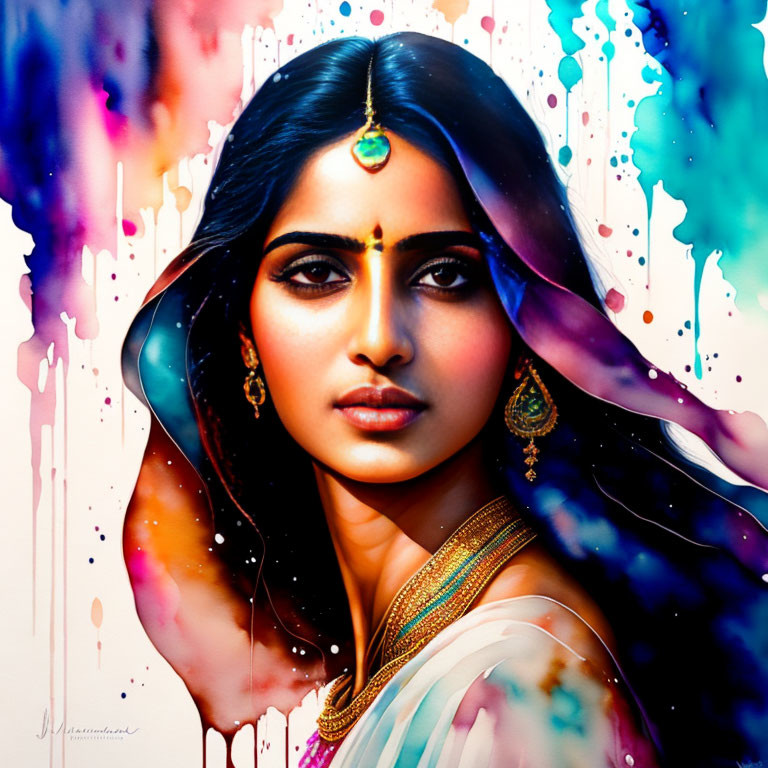 Vibrant digital artwork of a woman in Indian jewelry with colorful paint splashes