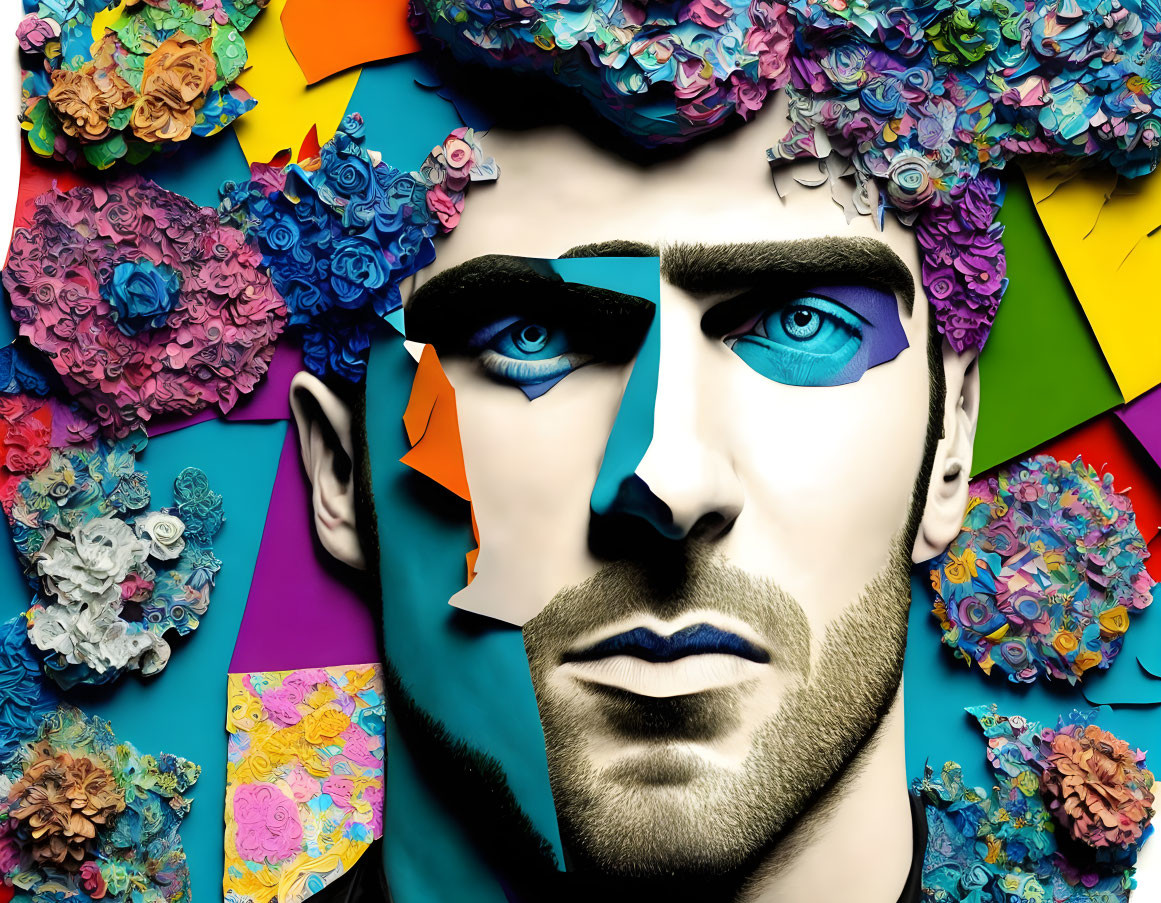 Vivid Blue-Eyed Man Portrait with Colorful Paper Cut-Outs and Floral Patterns