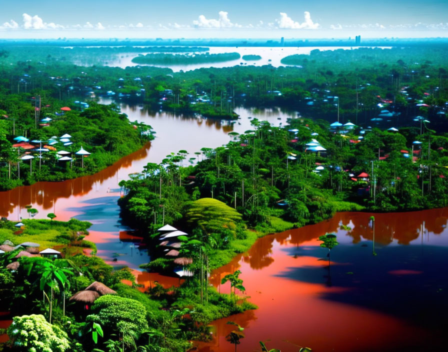 Vivid Tropical Forest Landscape with River and Houses