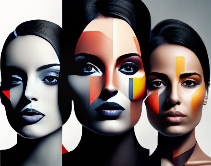 Artistic makeup: Three women with geometric shapes & contrasting colors in collage style.