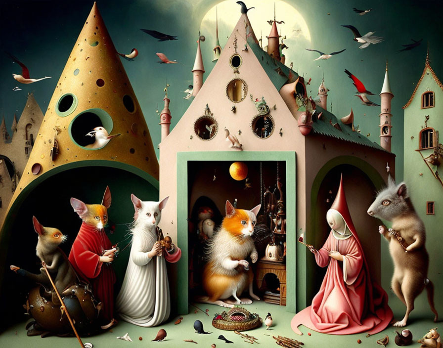 Anthropomorphic animals in medieval attire interact around whimsical structures