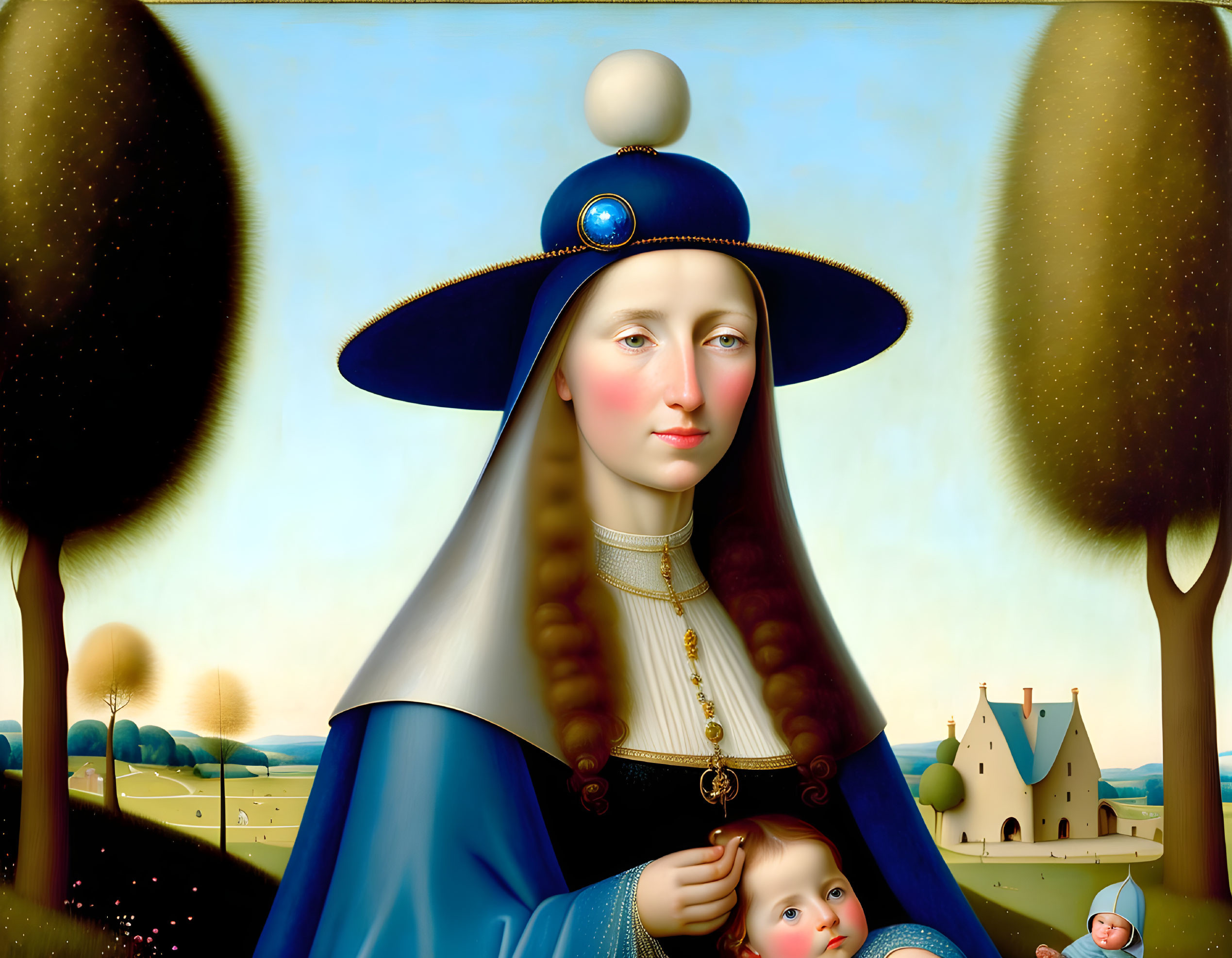 Surreal portrait of woman in blue cloak with pearl halo, holding child, stylized landscape.