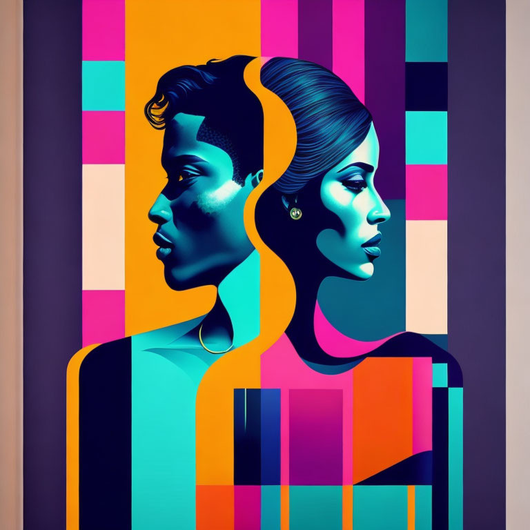 Vibrant digital artwork of man and woman profiles on geometric background