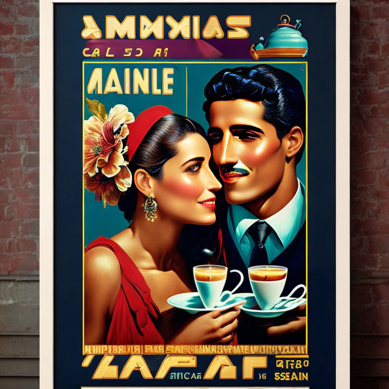 Vintage Style Poster: Elegant Couple Enjoying Coffee in Rich Colors