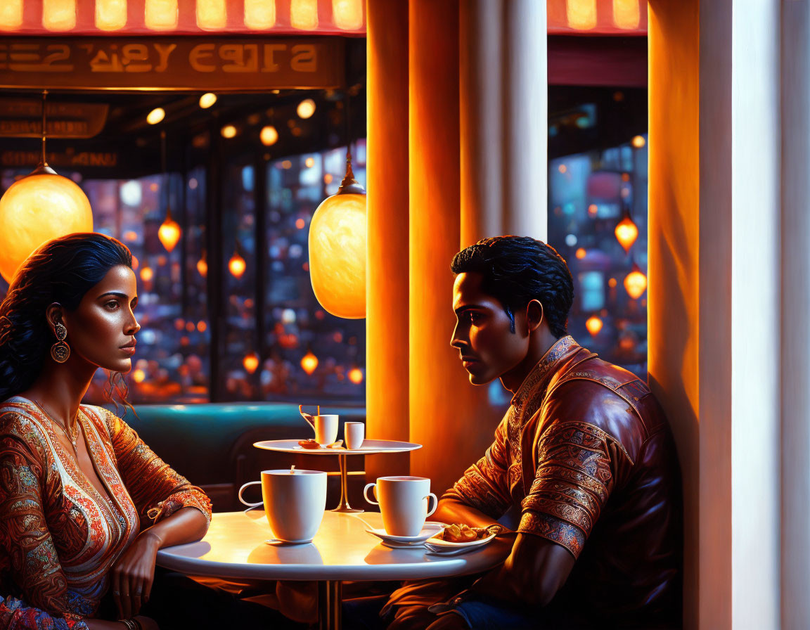 Traditional Attire Couple at Cafe Table with City View