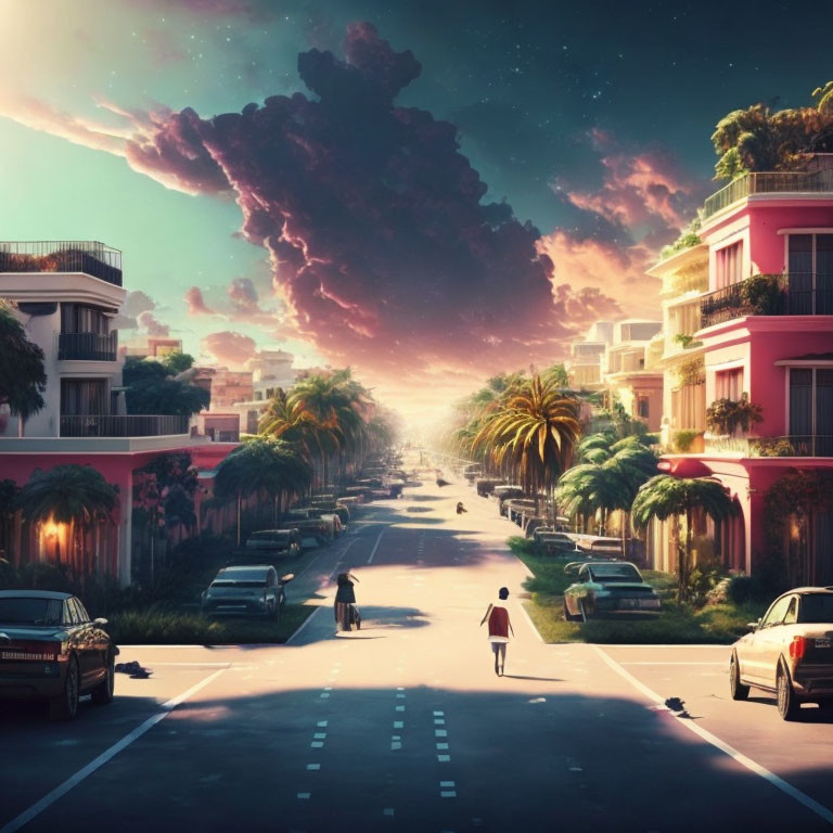 Tranquil sunset scene: palm trees, pink buildings, people walking, parked cars