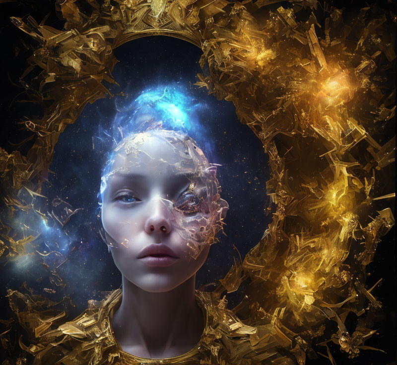 Surreal portrait featuring cosmic elements and golden fragments on dark background