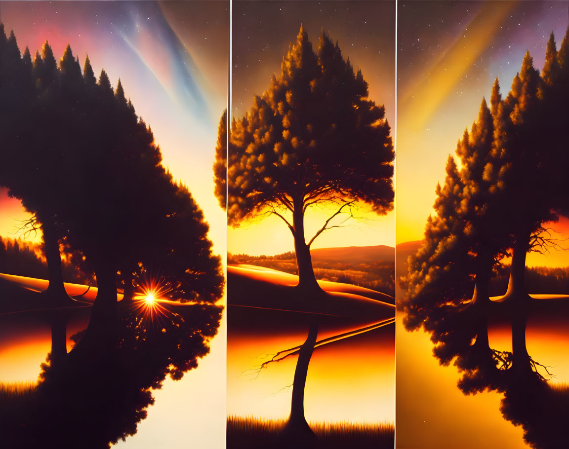 Tranquil landscape with sunset trees and comet in vibrant skies