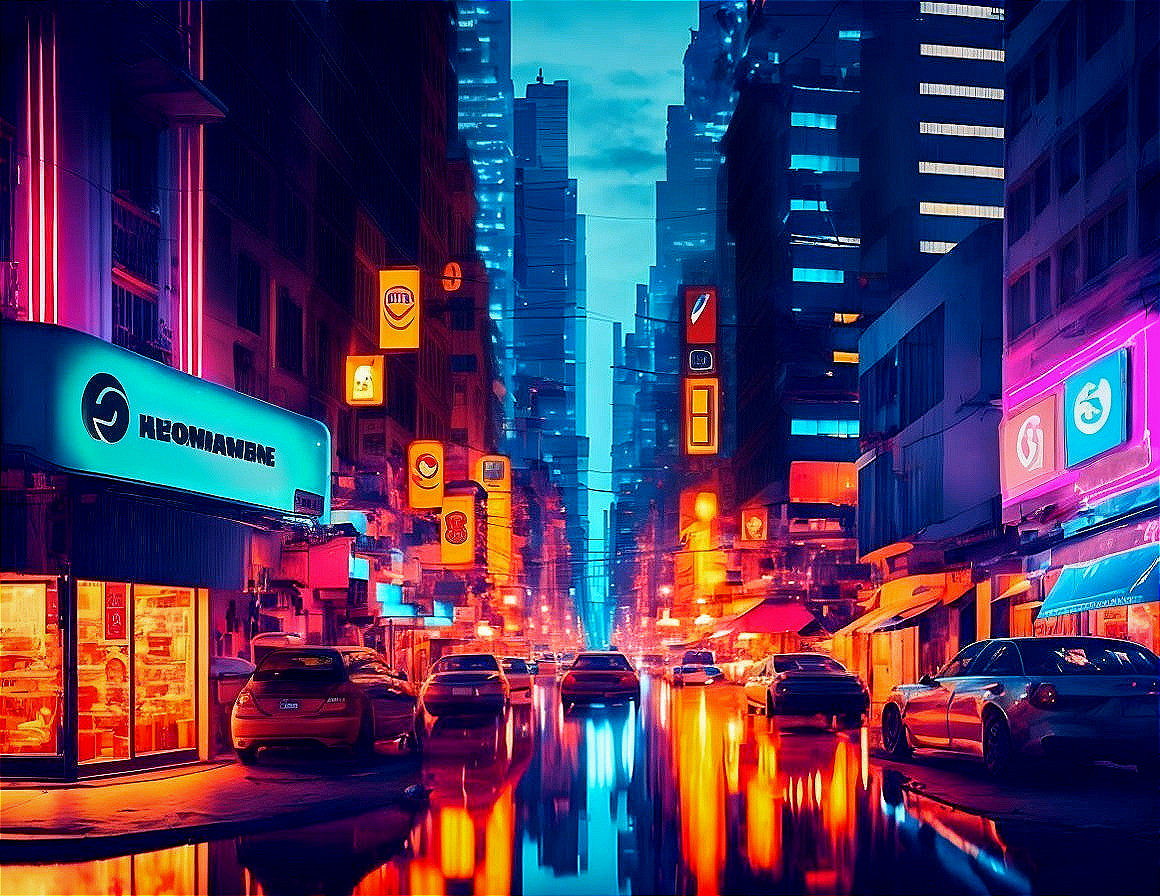 Nighttime city street with neon lights, reflections, signs, and skyscrapers