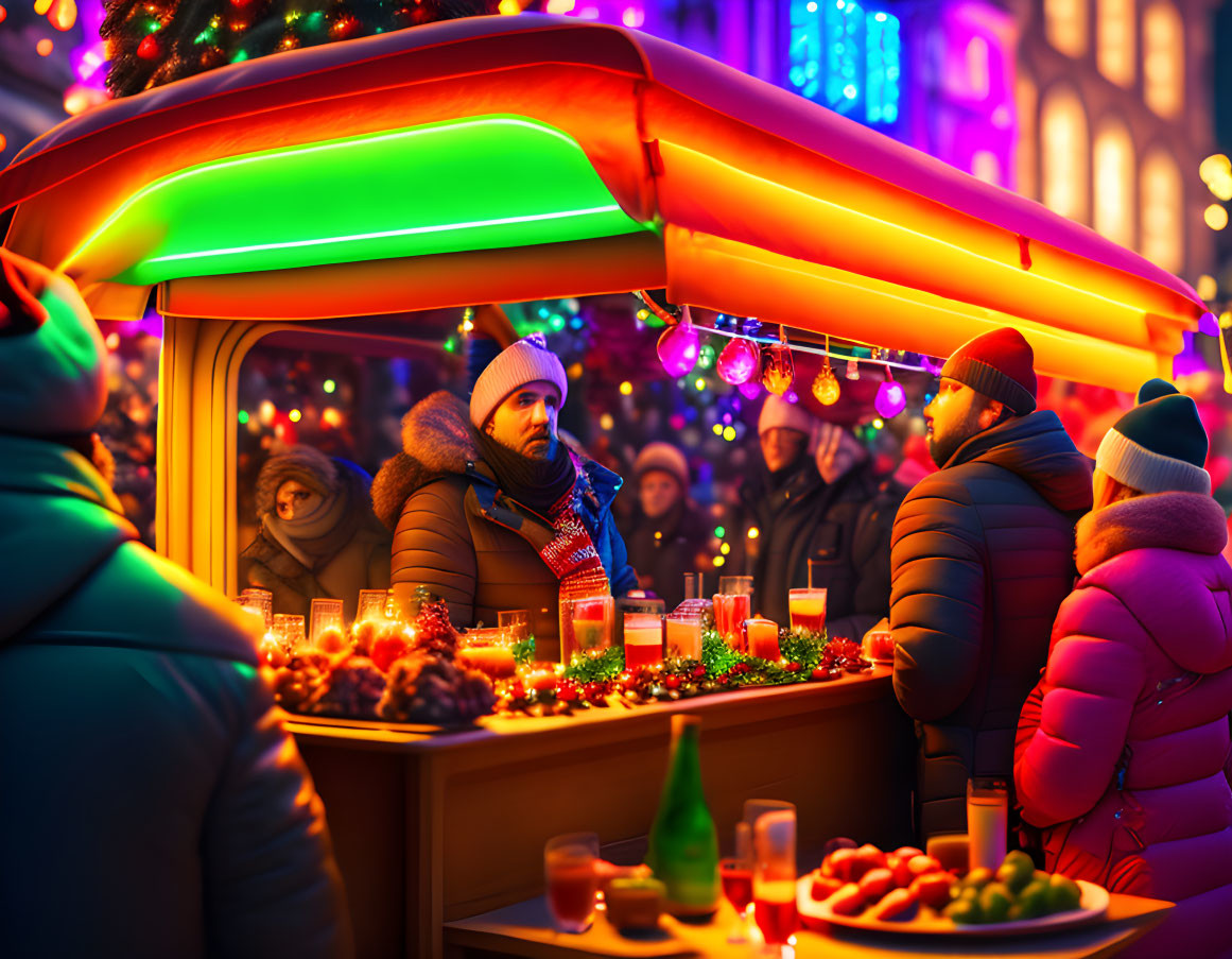 Winter Attire Gathering at Festive Outdoor Market Stall