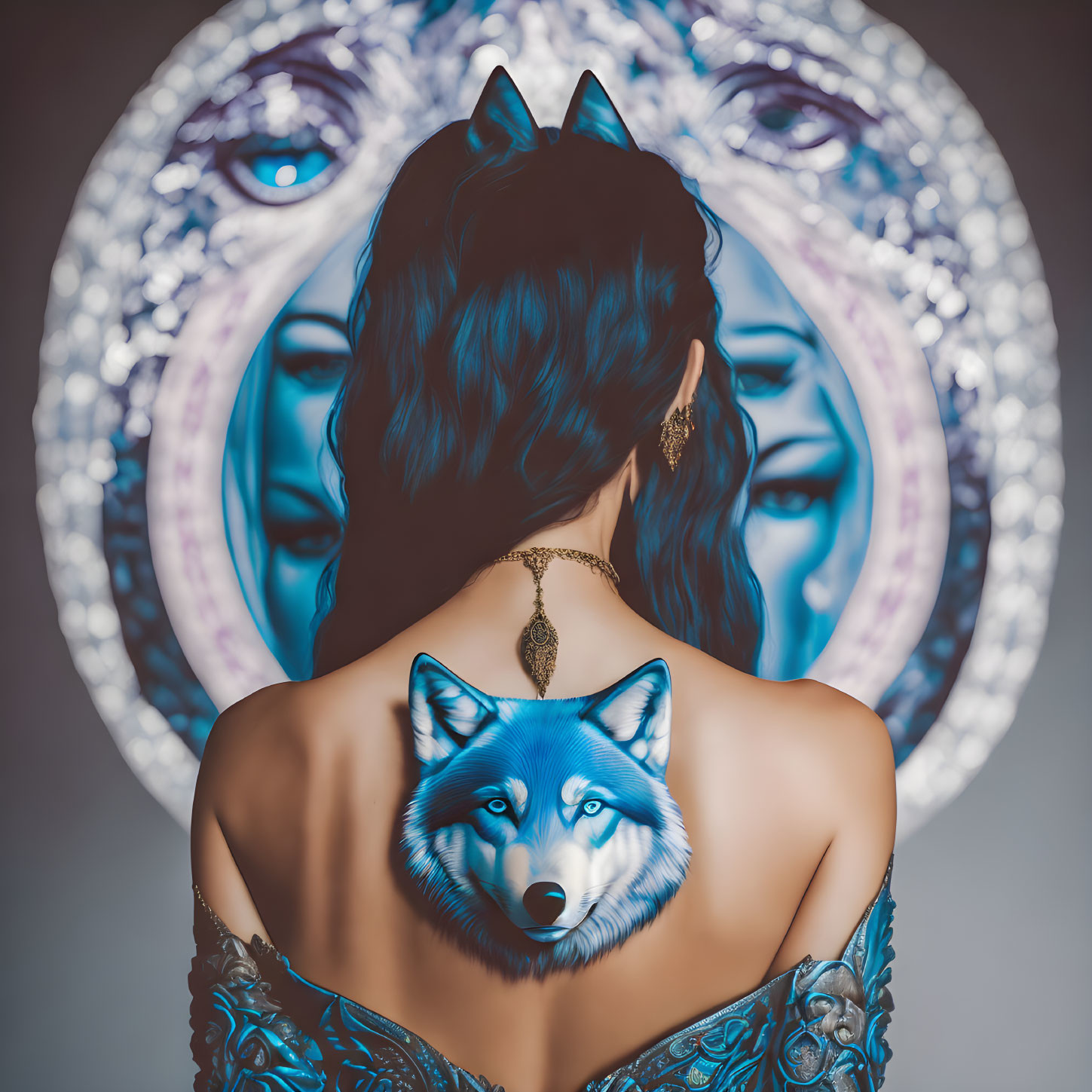 Blue-haired woman with wolf tattoo in lace dress against circular eye pattern