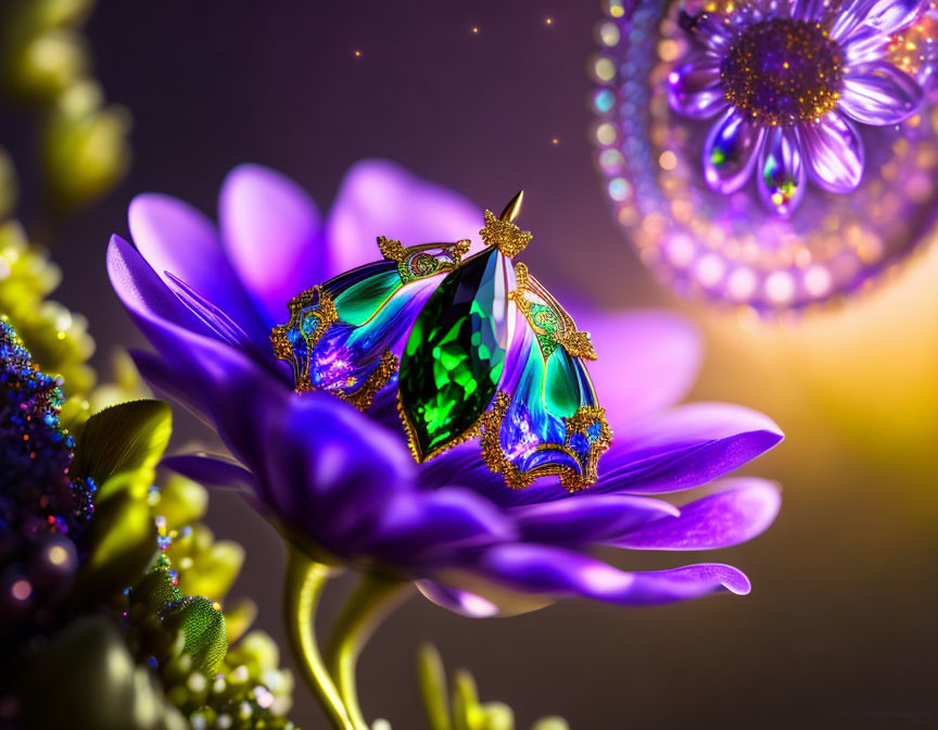 Purple flower with green gemstone pendant on sparkling floral backdrop