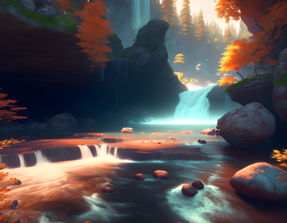 Tranquil autumn waterfall scene with sunlight and mist.