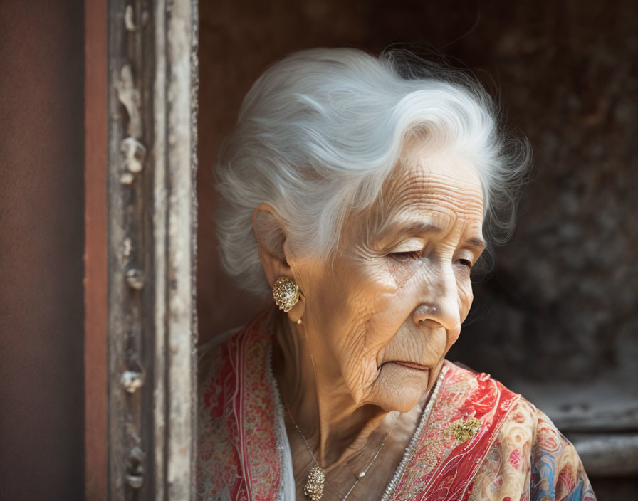 Elderly woman in traditional saree gazes out window