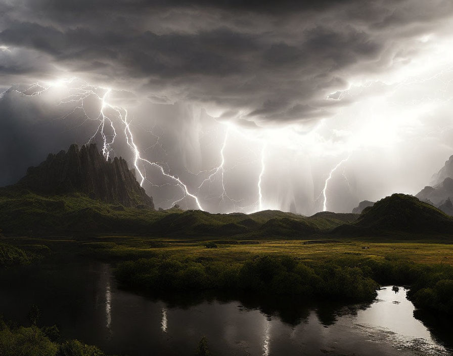 Dramatic landscape with storm clouds, lightning, and snaking river.