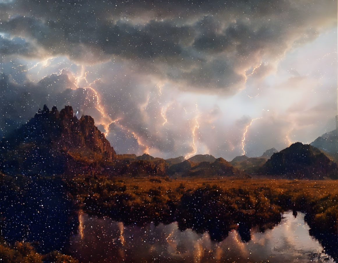 Night landscape with lightning bolts over mountain ranges and starry sky reflected in water.