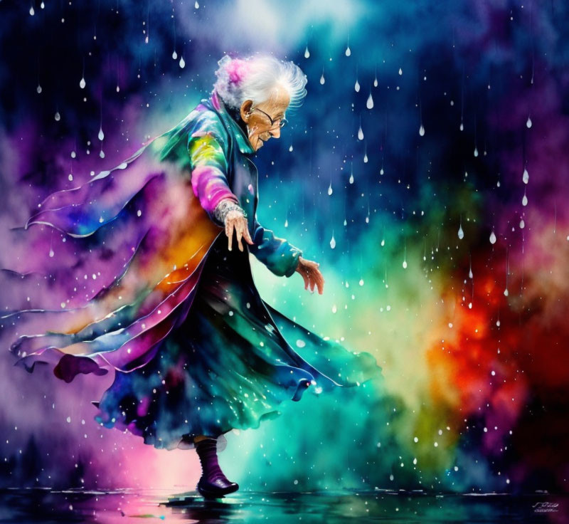 Elderly woman dancing in colorful dress in vibrant rain scene