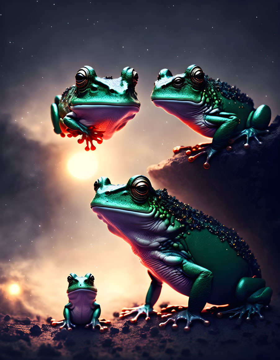 Stylized frogs on rock with vivid sunset