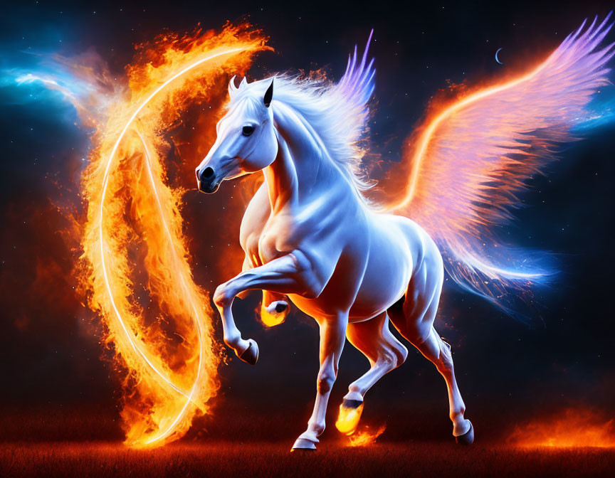 White horse with fiery wings and glowing halo in surreal setting