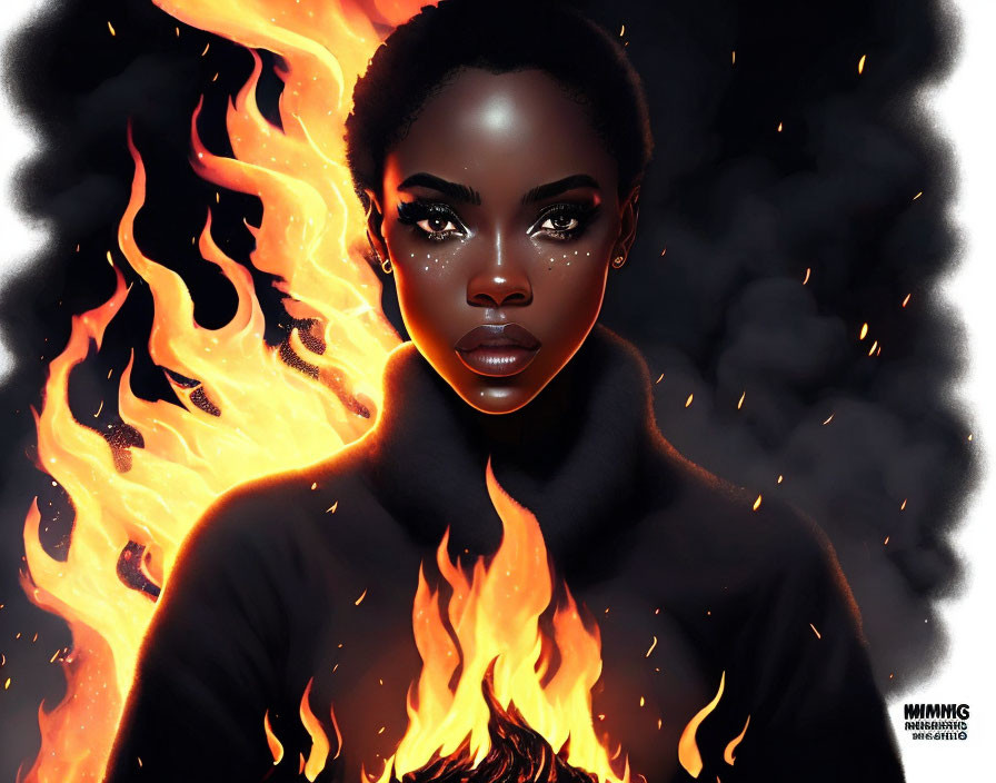 Digital Artwork: African Woman Amid Flames and Glowing Skin