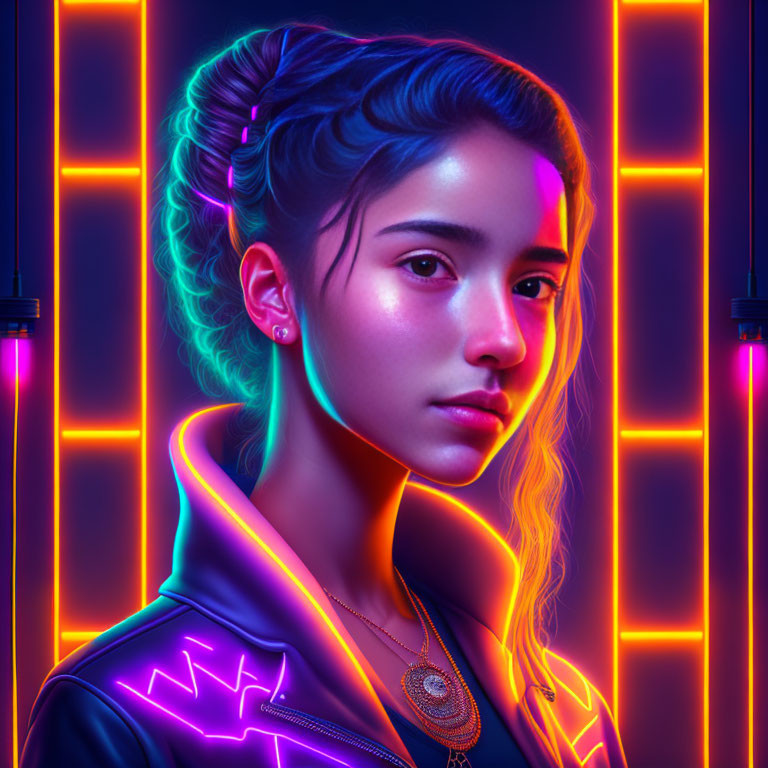 Neon-lit digital artwork of a woman in vibrant colors