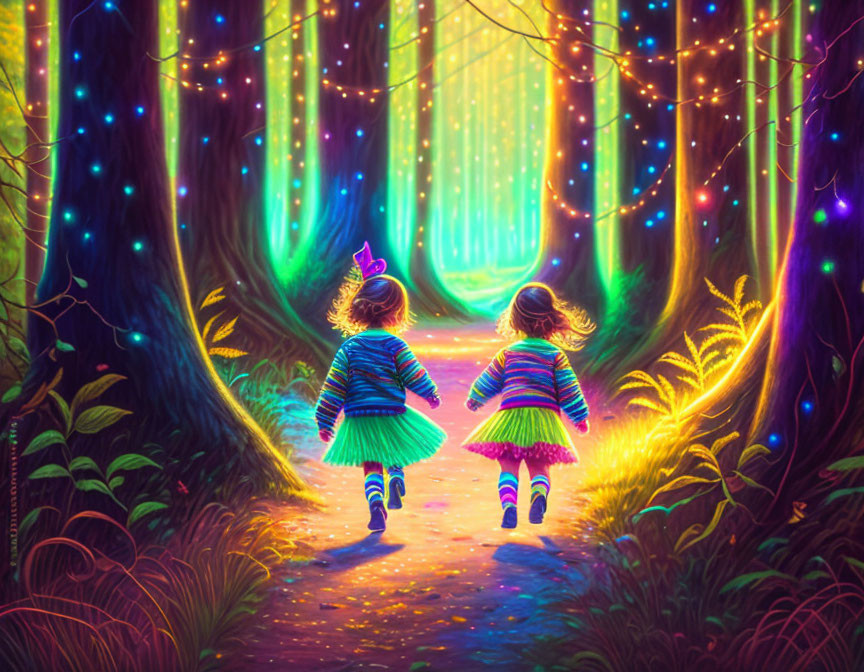 Children walking hand-in-hand in mystical forest with glowing lights and vibrant trees