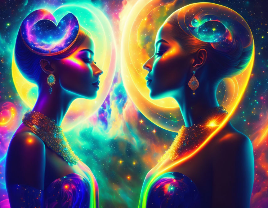 Stylized women with cosmic skin and swirling galaxies on vibrant backdrop