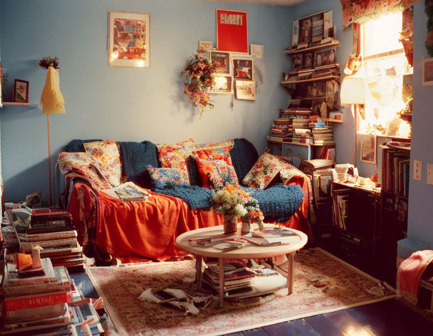 Blue-walled living room with books, colorful sofa blankets, and warm lighting