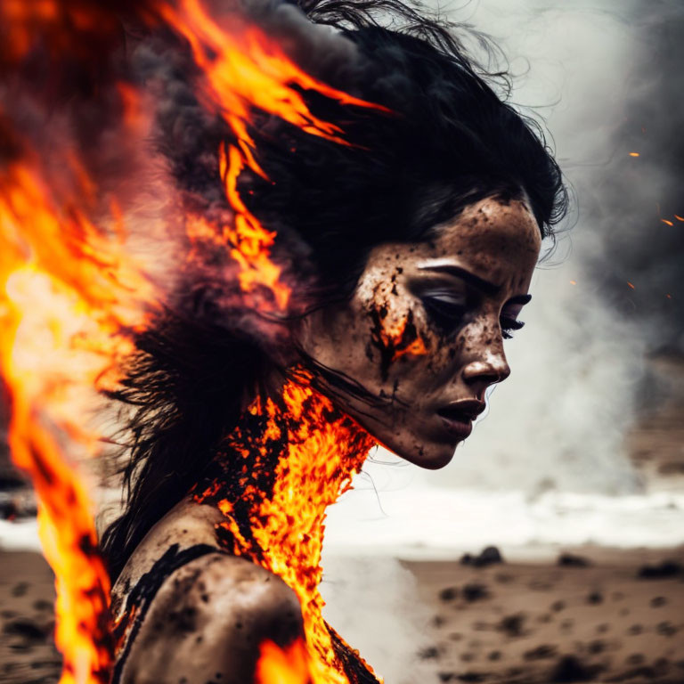 Woman with fiery elements and ash on skin in surreal beach setting