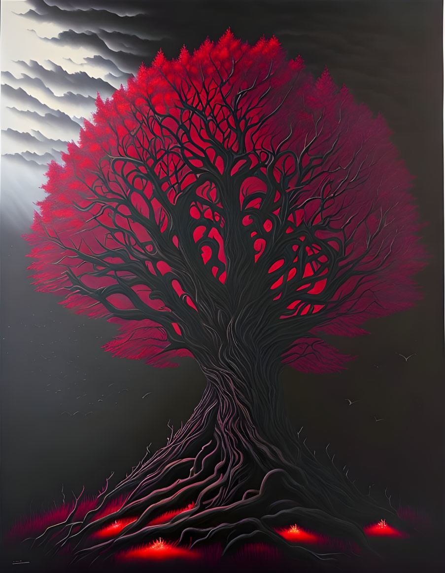 Vivid red tree in surrealistic painting on monochrome background