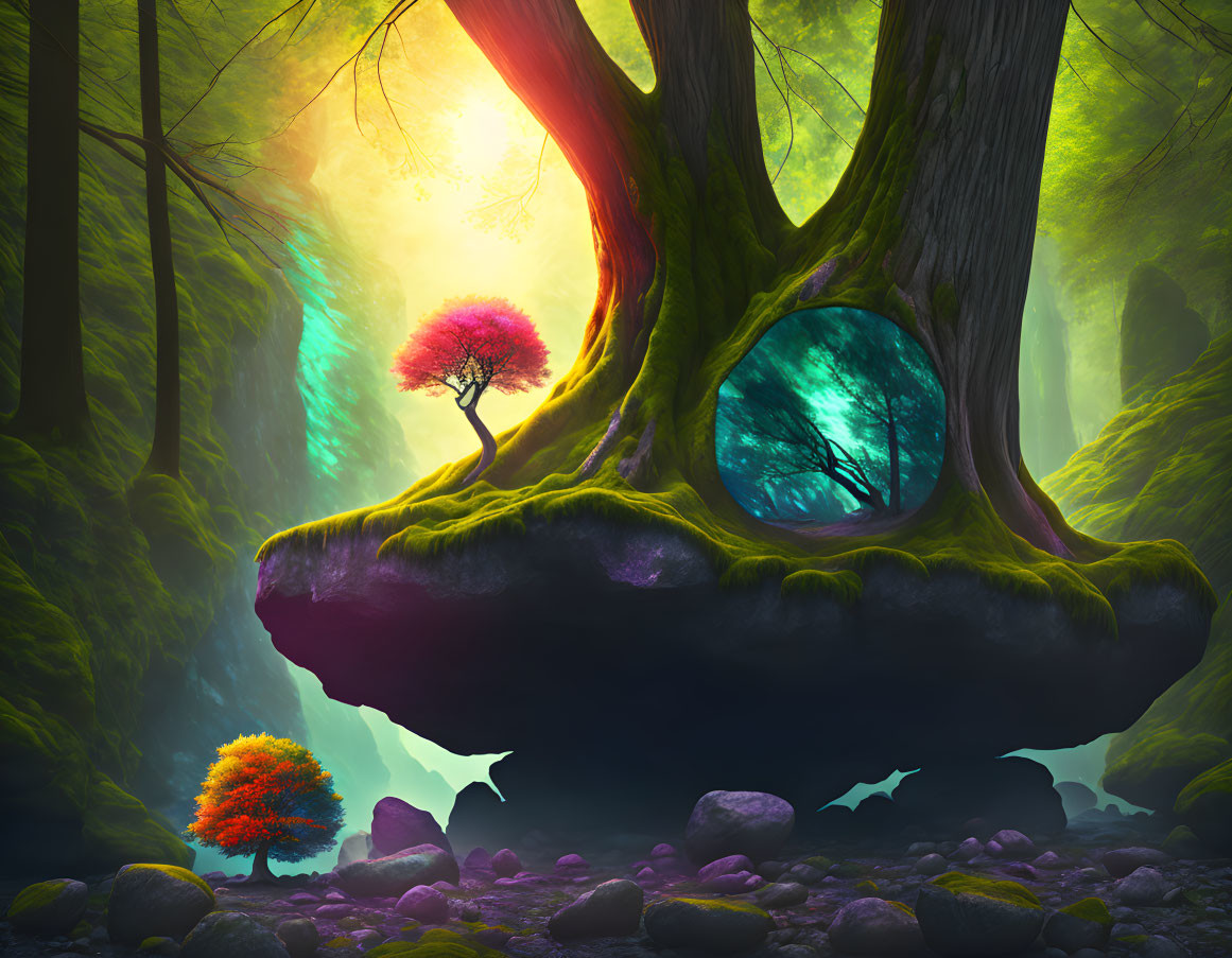 Vibrant trees, floating island, light beams, portal, bats in mystical forest