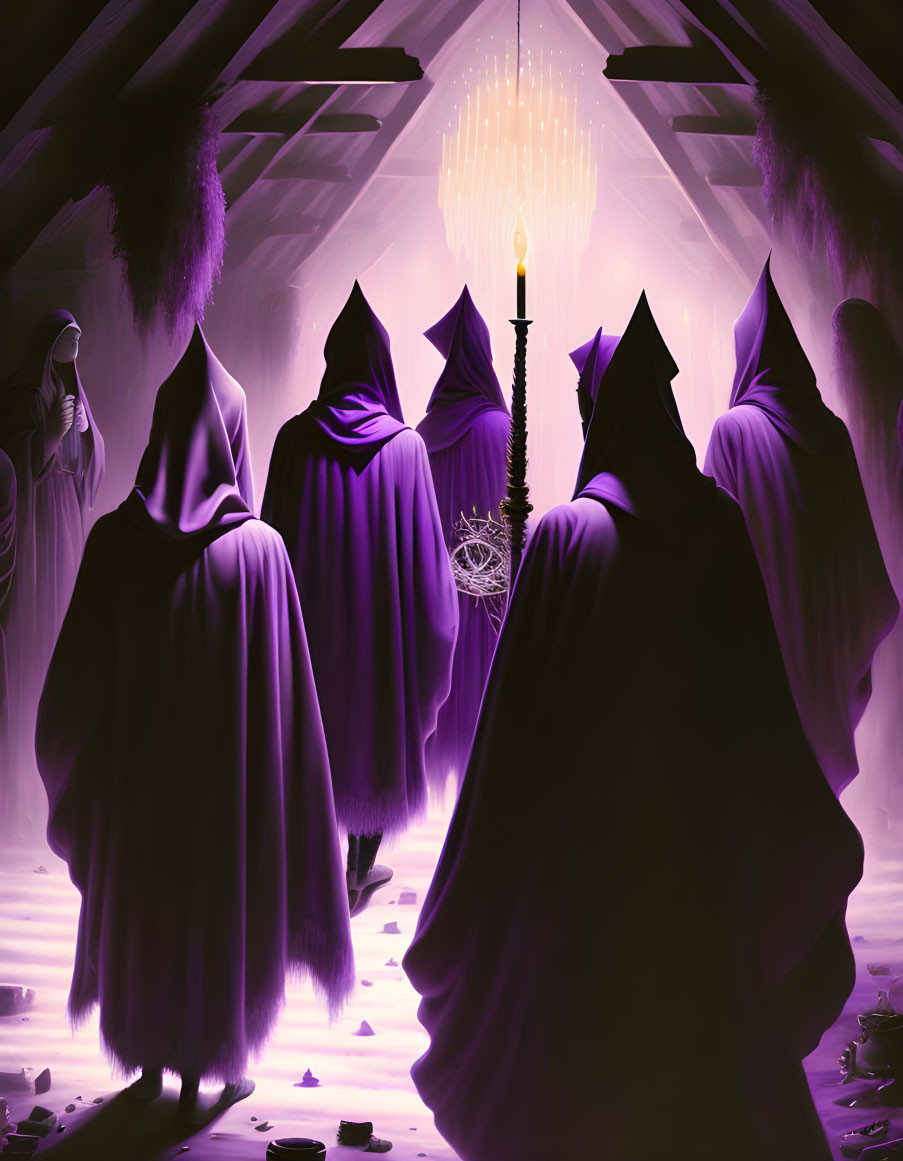 Mystical purple-lit room with hooded figures and pentagram.